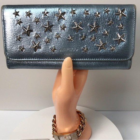 Jimmy Choo Metallic Ice Blue Star Studded Leather Continental Wallet β¨π€©π - Picture 3 of 17